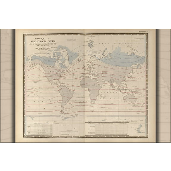24"x36" Gallery Poster, world map with Isothermal Lines 1848