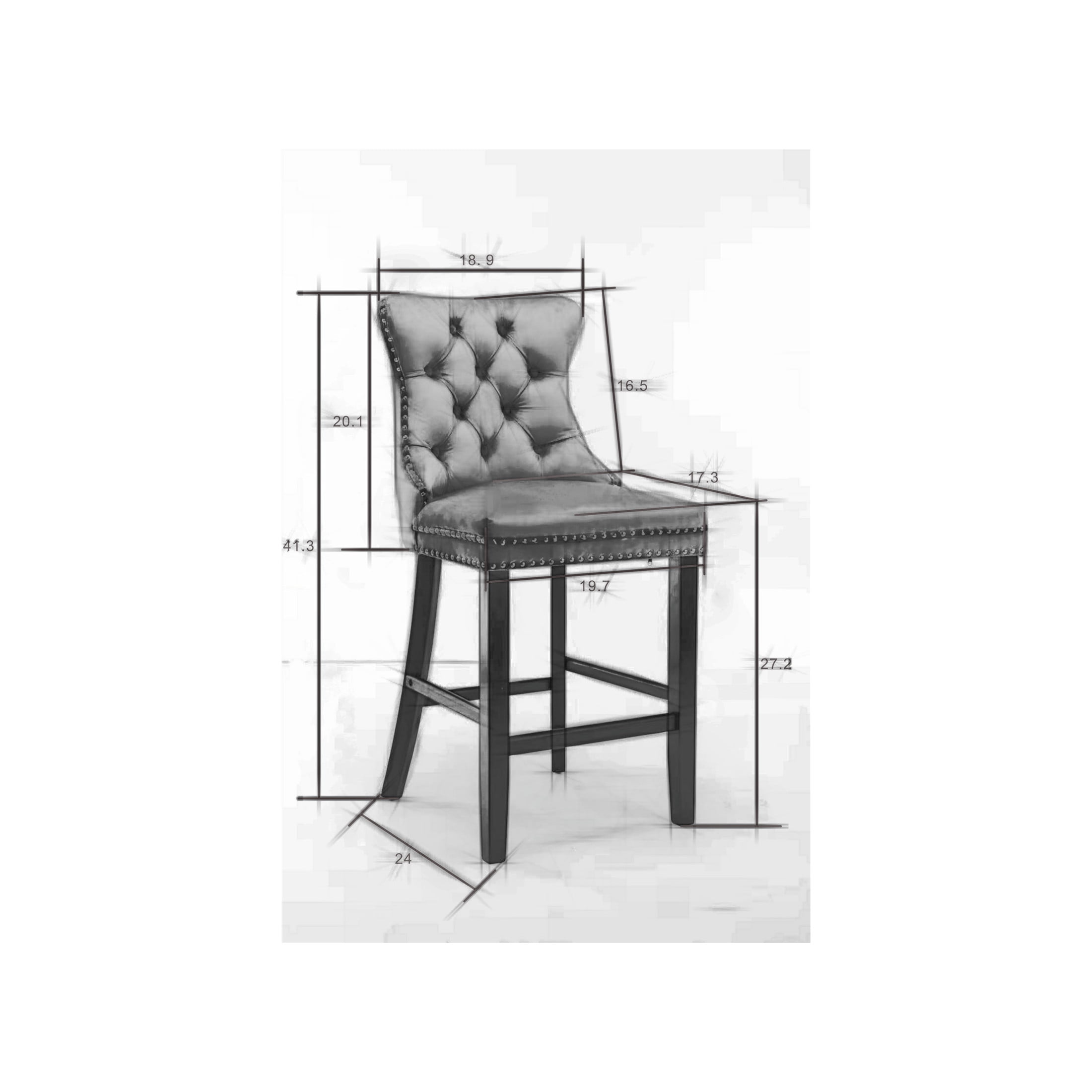 Button Tufted Upholstered Velvet Bar Stools with High Backrest, Solid Wood Legs, and Rivet Detailing, Beige, Set of 2