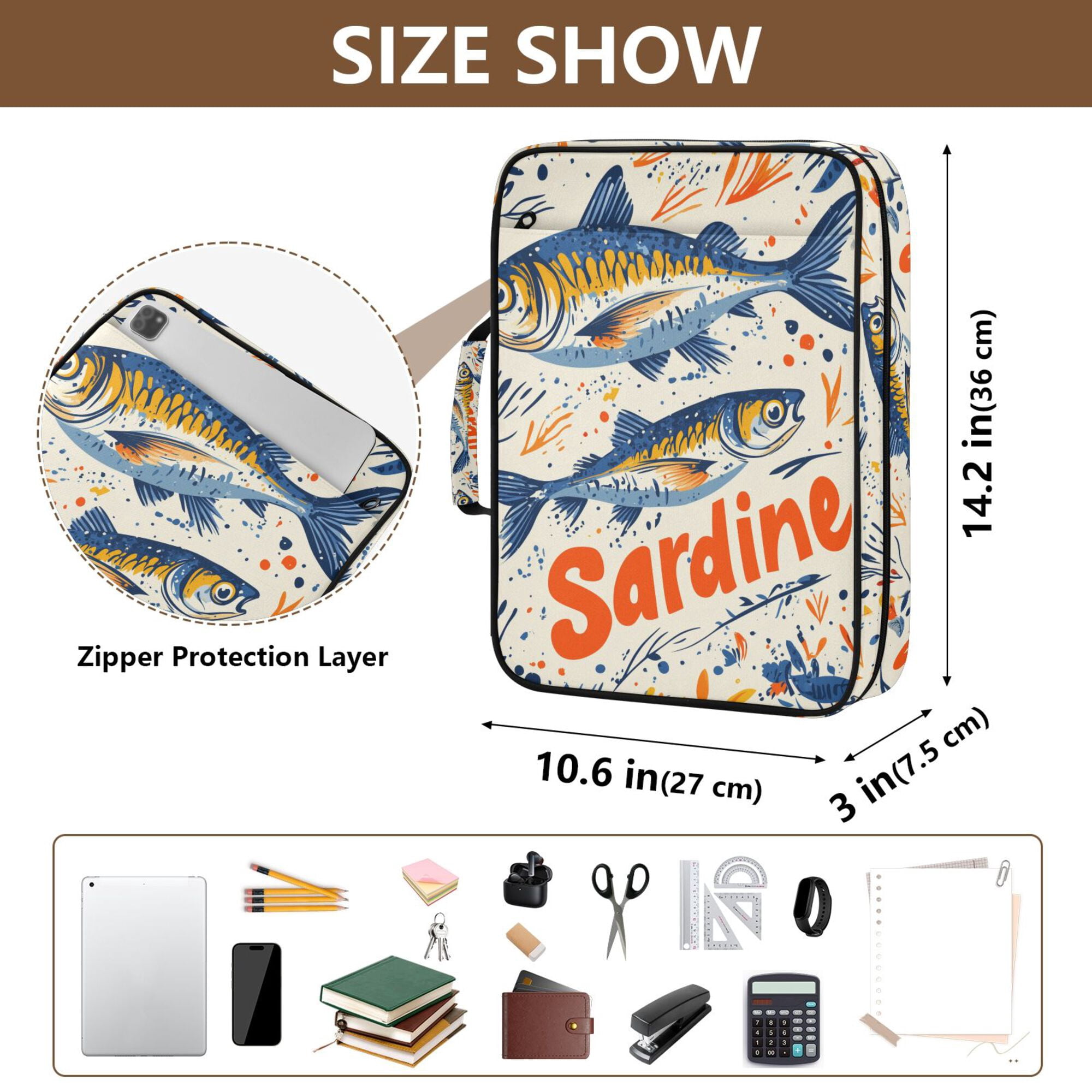 FORMRS Accordion File Folder A4 Size 7-Pocket Expanding Document Organizer Bag with 3 Ring Binder, Blue Sardines Pattern