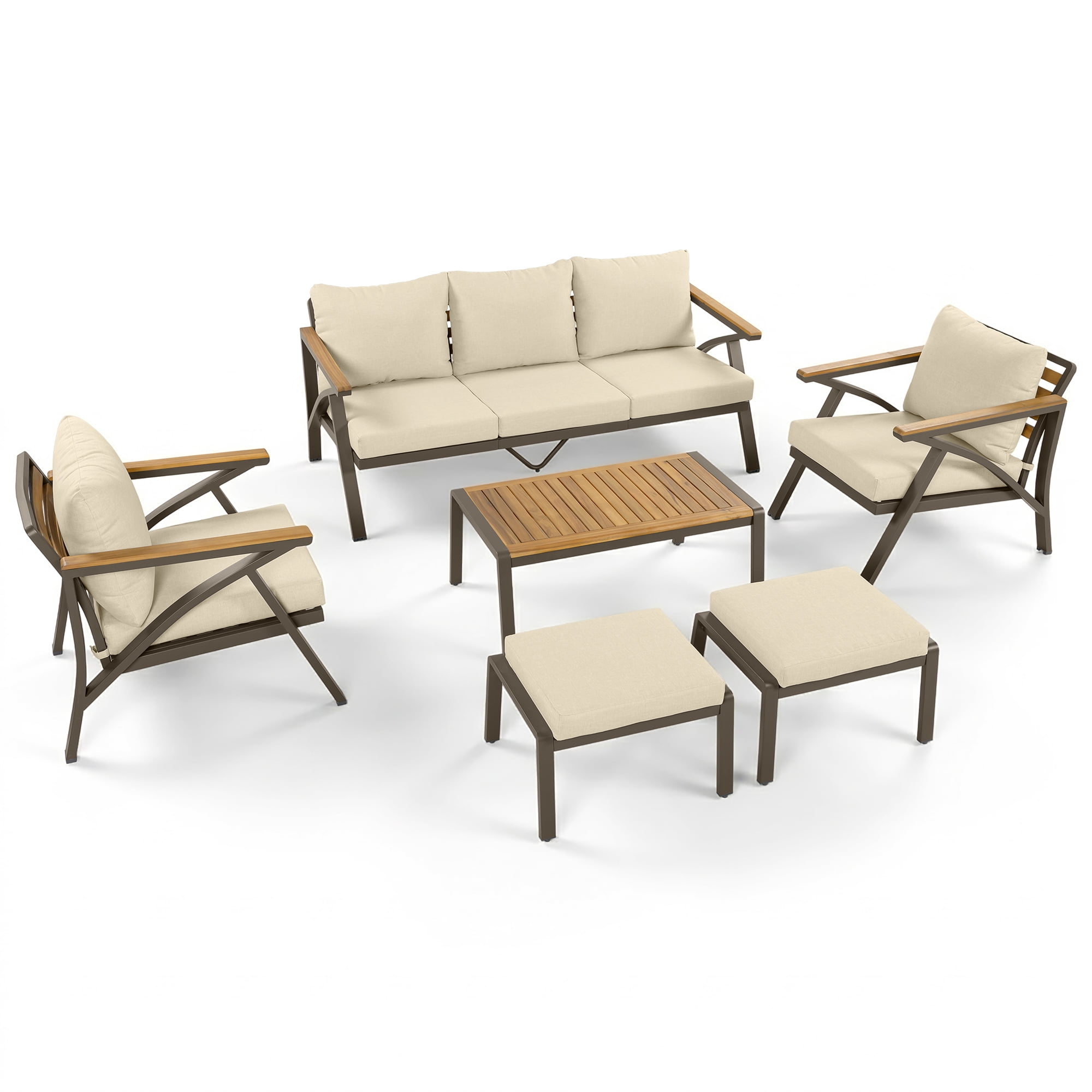 Complete 6-Piece Outdoor Patio Furniture Set with Steel Frame Sofa, 3-Seat Couch, 2 Armchairs, 2 Ottomans and Acacia Wood Coffee Table, Cushions for Backyard Garden, Beige