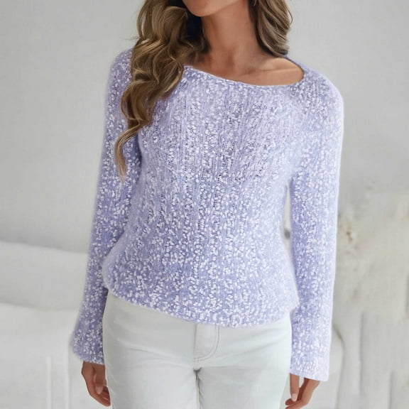 Qulqfy Purple Sweater Women Knit Cropped Pullover Fuzzy Bell Sleeve Tunic Square Neck Shirts Women's Fall Sweaters Free