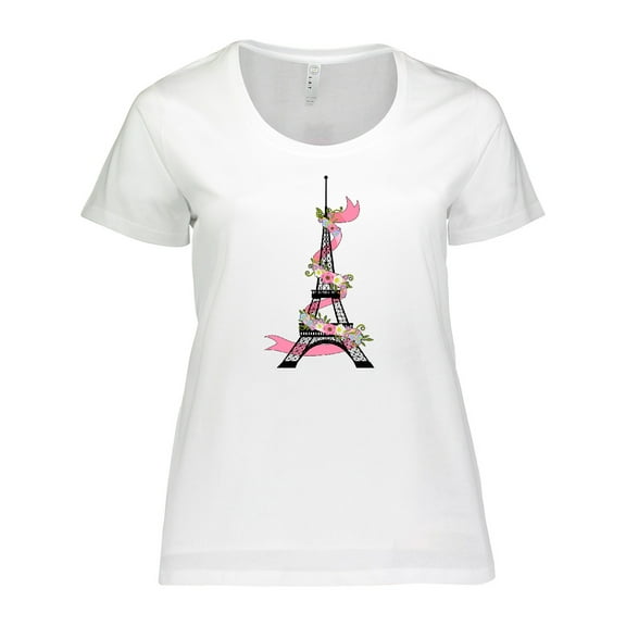 Inktastic Eiffel Tower in Paris with Flowers and Pink Banner Women's Plus Size T-Shirt