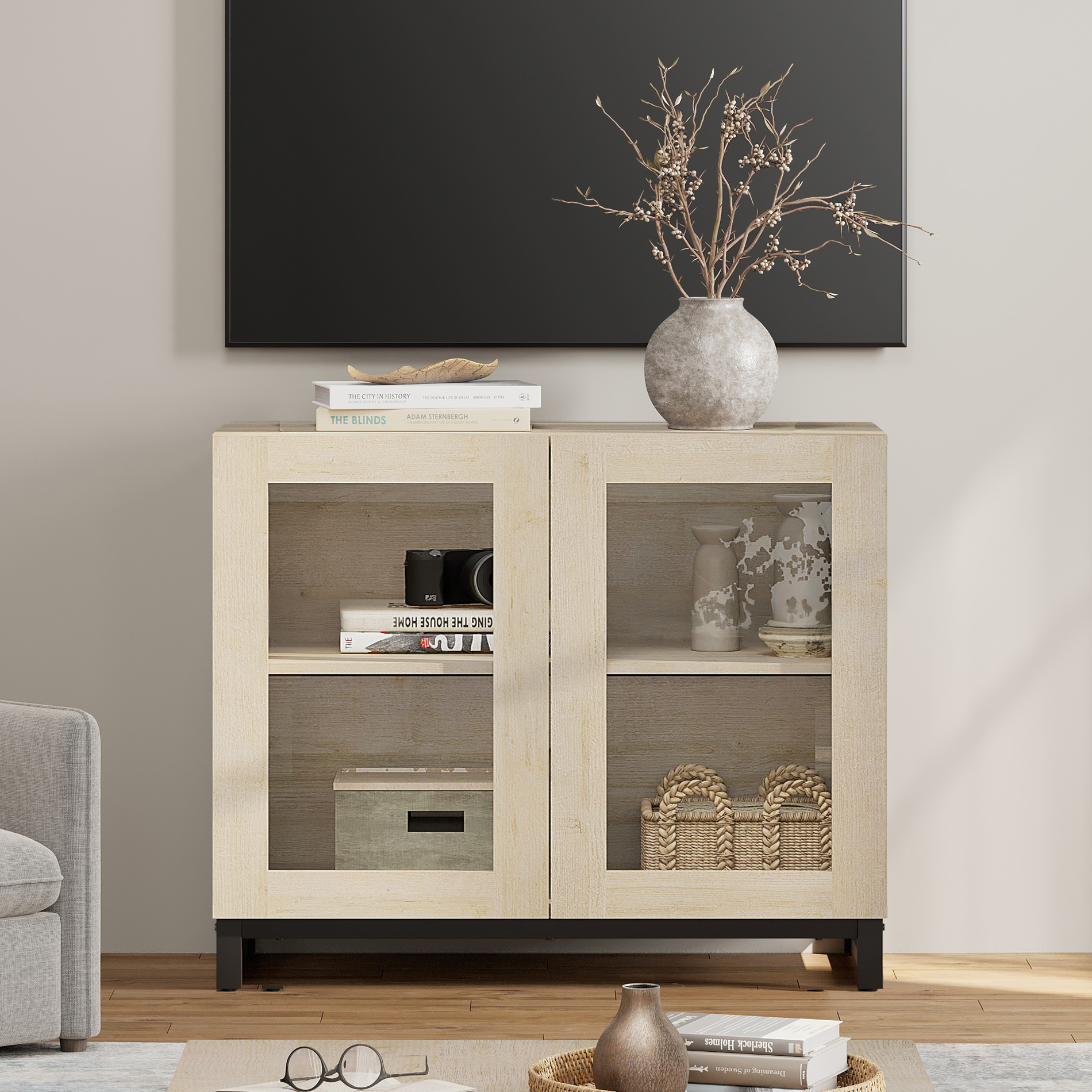 WAMPAT Modern TV Stand with Glass Doors, Fits 32-40 inch TVs, Entertainment Center Console with Adjustable Shelves, for Living Room & Bedroom,Brown