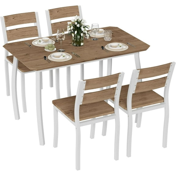 Dining Table Set for 4, 5 Piece Metal Frame Kitchen Table and Chair Set, Space-Saving Dining Room Furniture for Small Spaces, Apartment, Studio, Breakfast Nooks, White and Natural