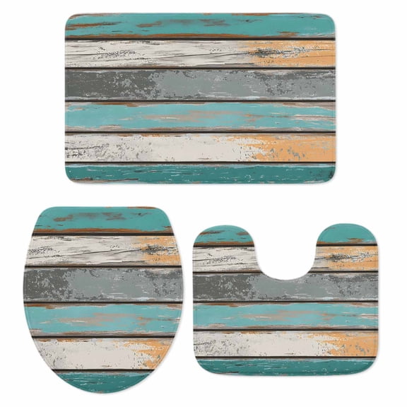 Farmhouse Teal Orange Bath Mat 3 Piece Bathroom Rug Set, Country Vintage Wooden Non Slip Bath Rug Contour Mat and Toilet Lid Cover, Absorbent Shower Mats Soft Bath Rugs and Mats Sets