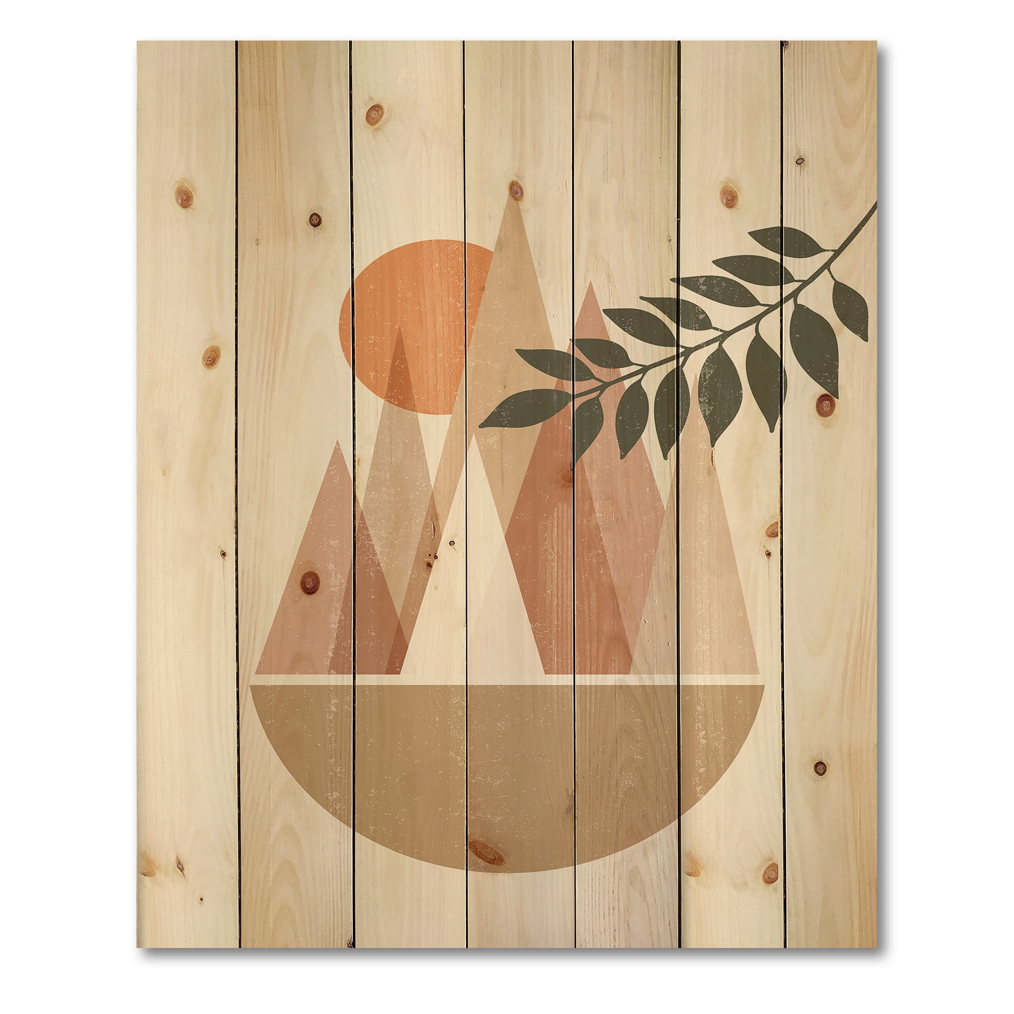 Designart 'Abstract Moon and Sun In Mountains II' Modern Print on Natural Pine Wood
