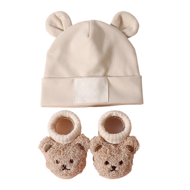 Classical Style Baby Newborn Infant Hat and Socks Set Soft Stretchy for Daily Use Cute Ear Pattern Hat Bear Head Socks Yellow