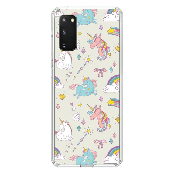 DistinctInk Clear Shockproof Hybrid Case for Galaxy S20 PLUS / 5G (6.7" Screen) - TPU Bumper, Acrylic Back, Tempered Glass Screen Protector - Unicorn Rainbow Wand Pattern - Beige