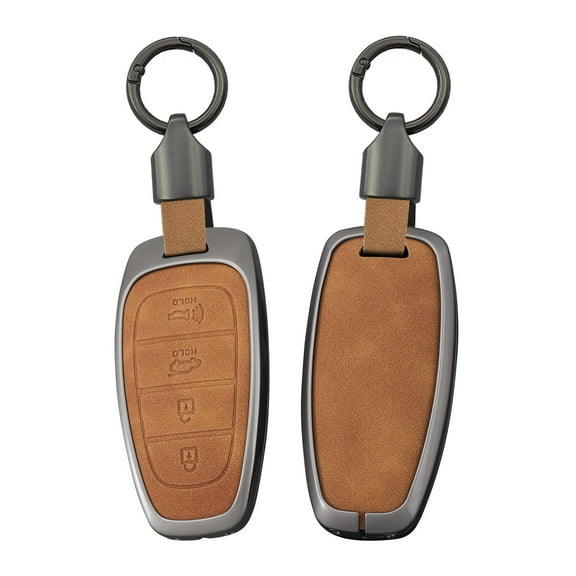 Car Key Shell Case Fit for Hyundai Tucson 2020-up 4-Button Key Cover with Keychain for Solaris Sonata Hybrid Nexo NX4 Santa Fe,Sturdy Metal and Leather Key Fob Protector( 4-btn-klaxon)