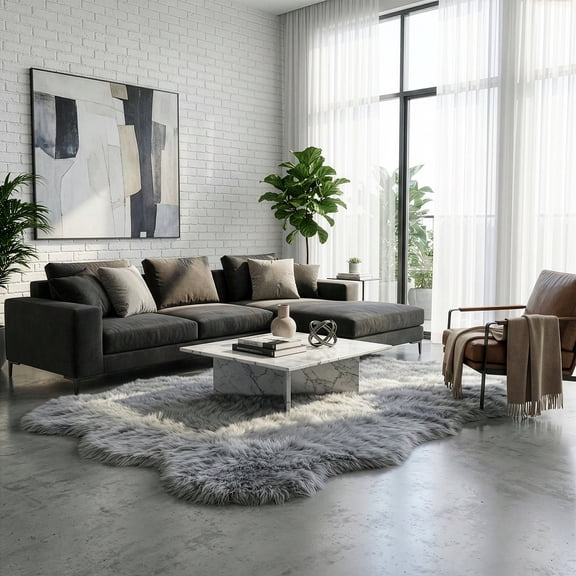 Ailsa Faux Sheepskin Fur Area Rug Runner Sheepskin-like Shape Gray 8x5