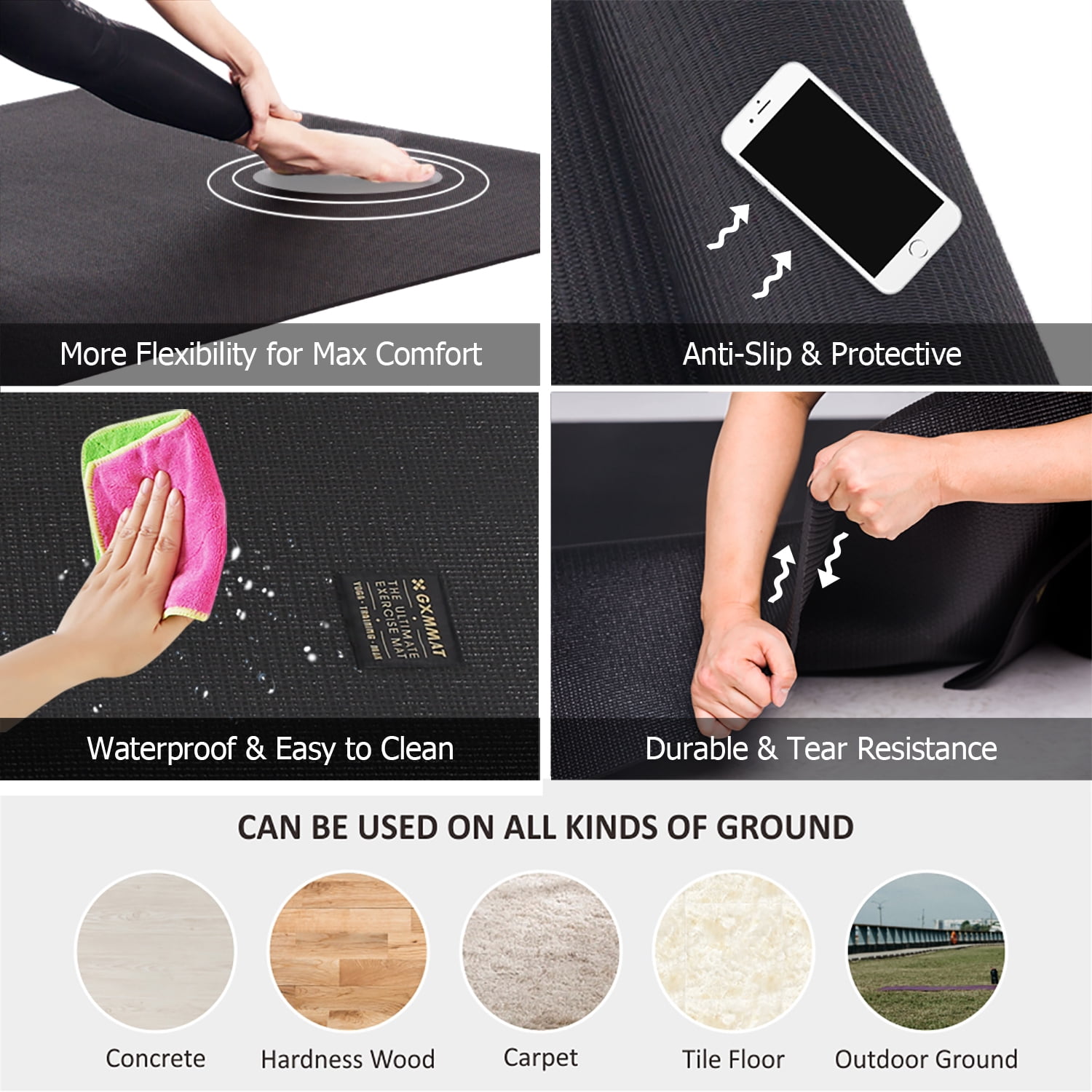 GXMMAT Large Yoga Mat 6'*6'(7mm), Extra Thick Comfortable Workout Mats for Home Gym, Non-Slip Barefoot Wide Exercise Mat, Black