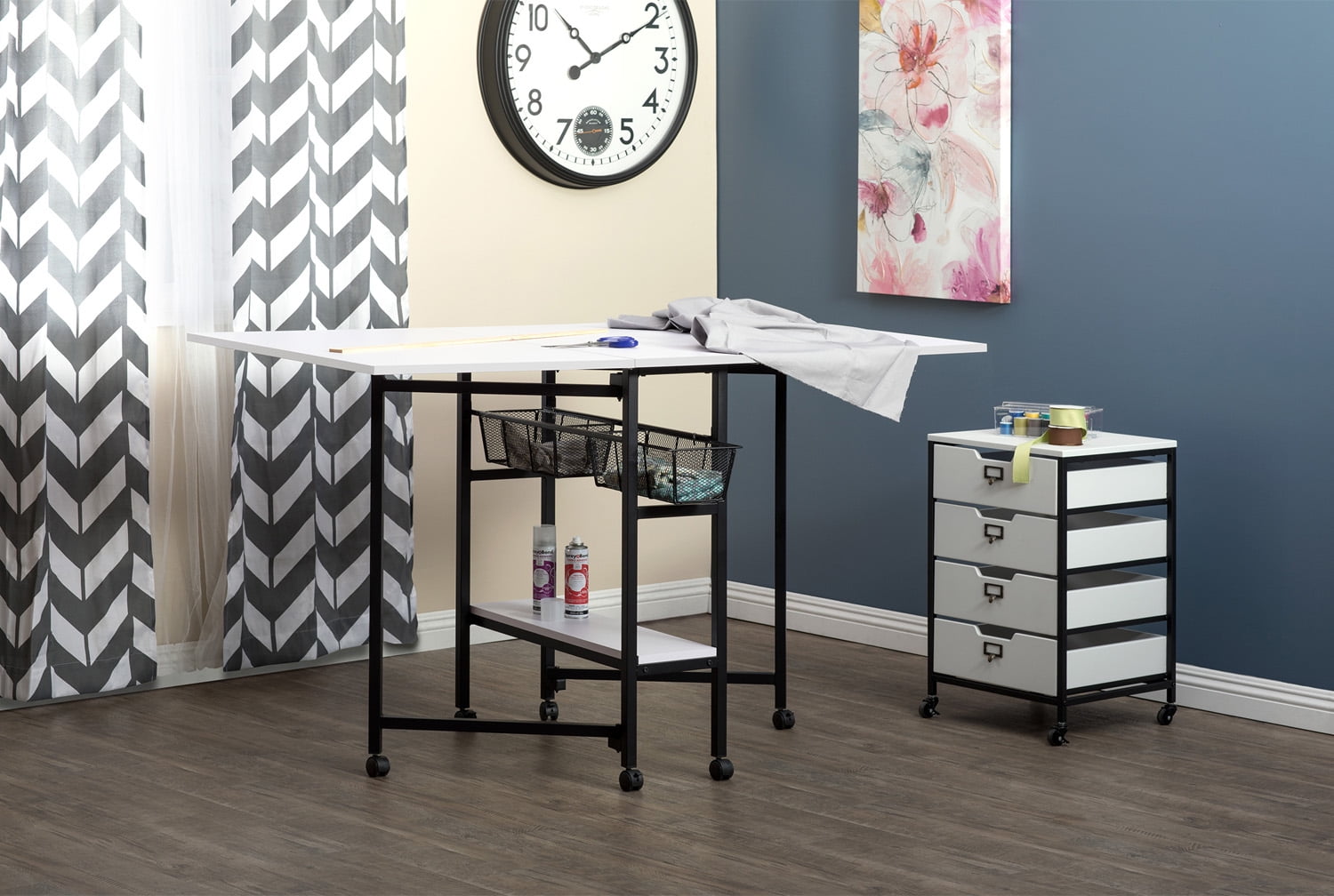 Offex Mobile Quilting Fabric Cutting Craft Table with Drawer Organizers