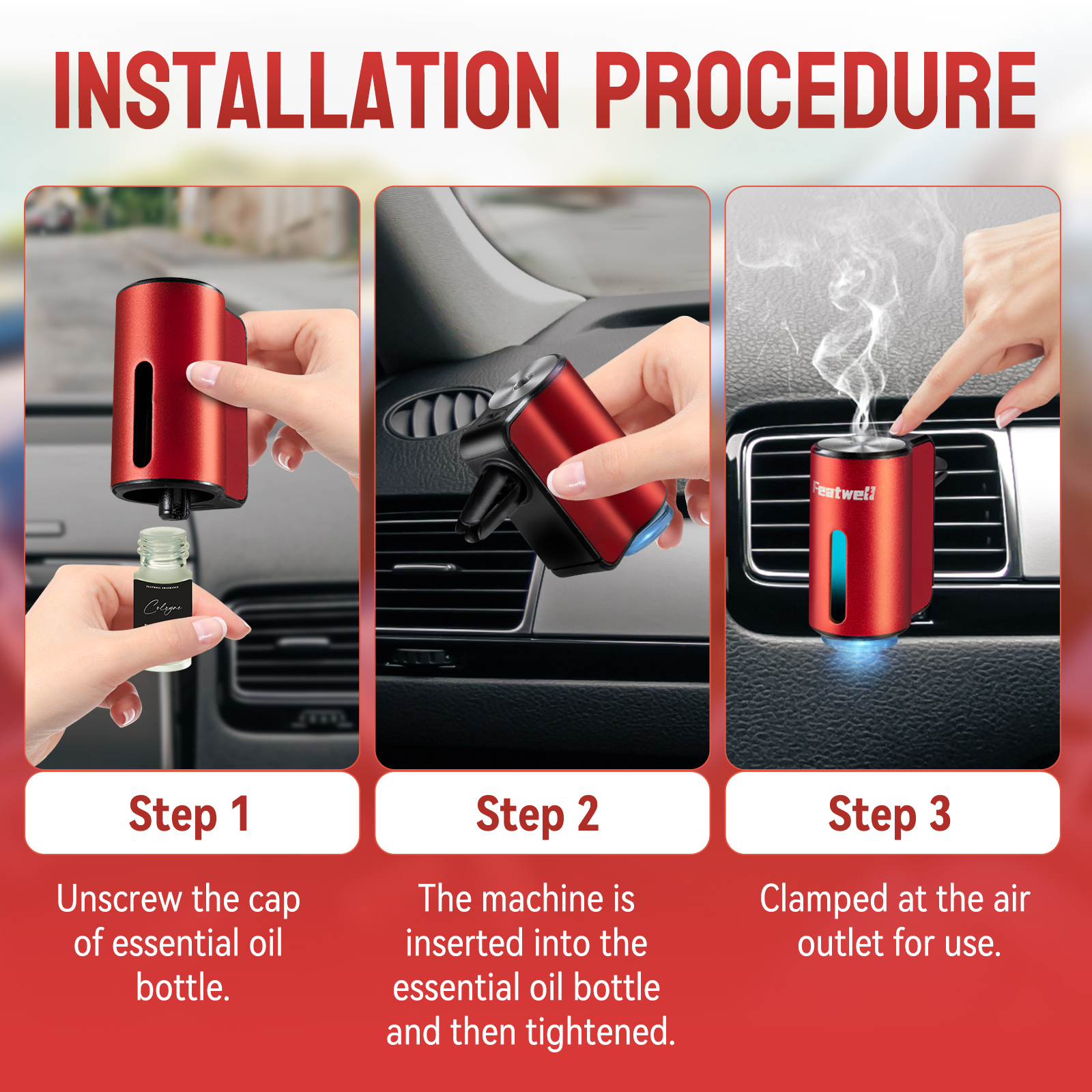 Featwell Smart Car Air Fresheners - 3*10ML Natural French Perfume Lasts 45 Days, Portable Waterless Car Diffuser Air Freshener Car Aromatherapy Diffuser, Adjust Concentration Scent