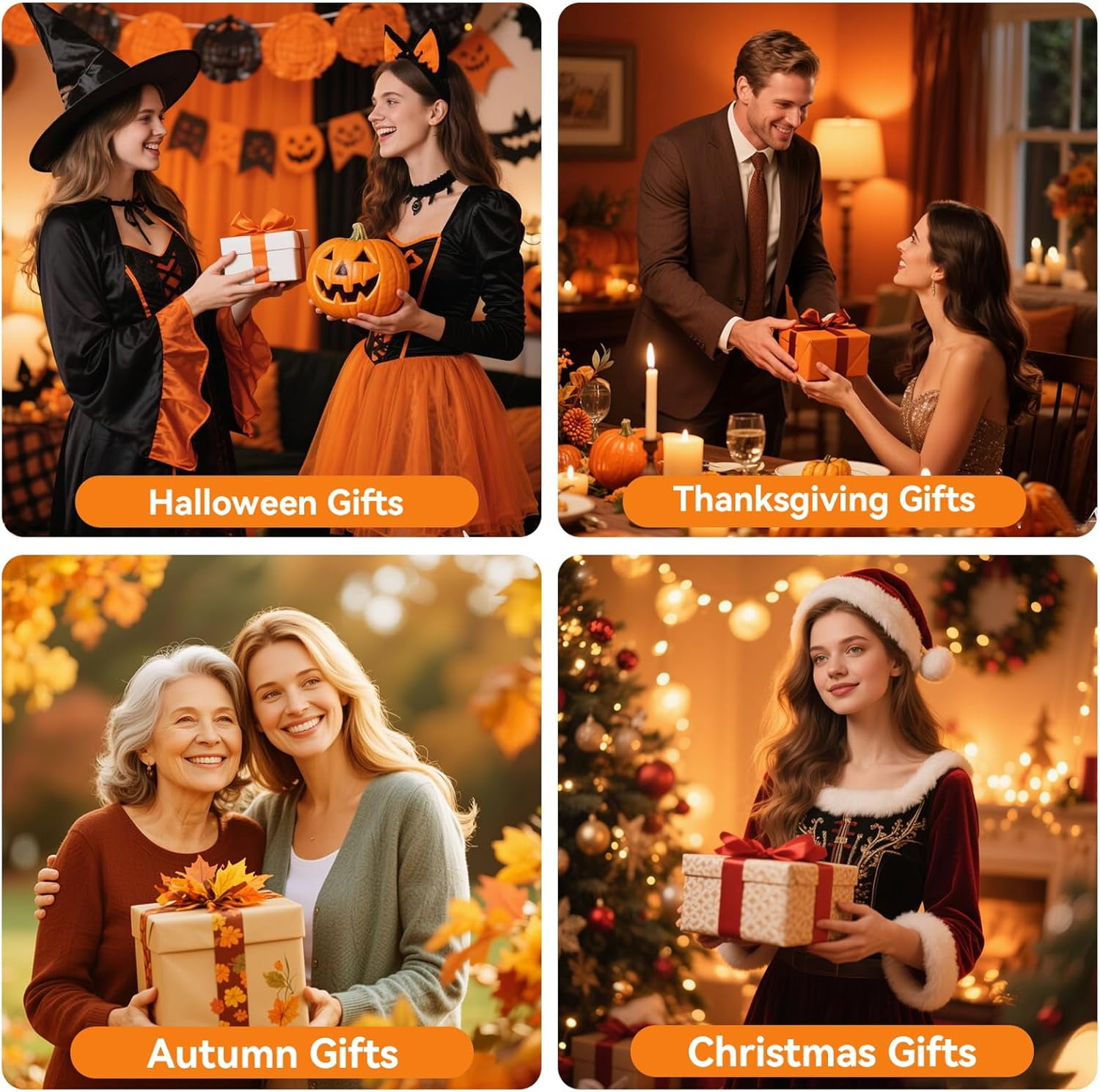 3 Wick Flameless Candles Set of 2, 4"x4" Flickering Large LED Candles with Remote & Timer, Dimmable Real Wax Pillar Candles Battery Operated, Orange Candles for Fall Thanksgiving Halloween Decor