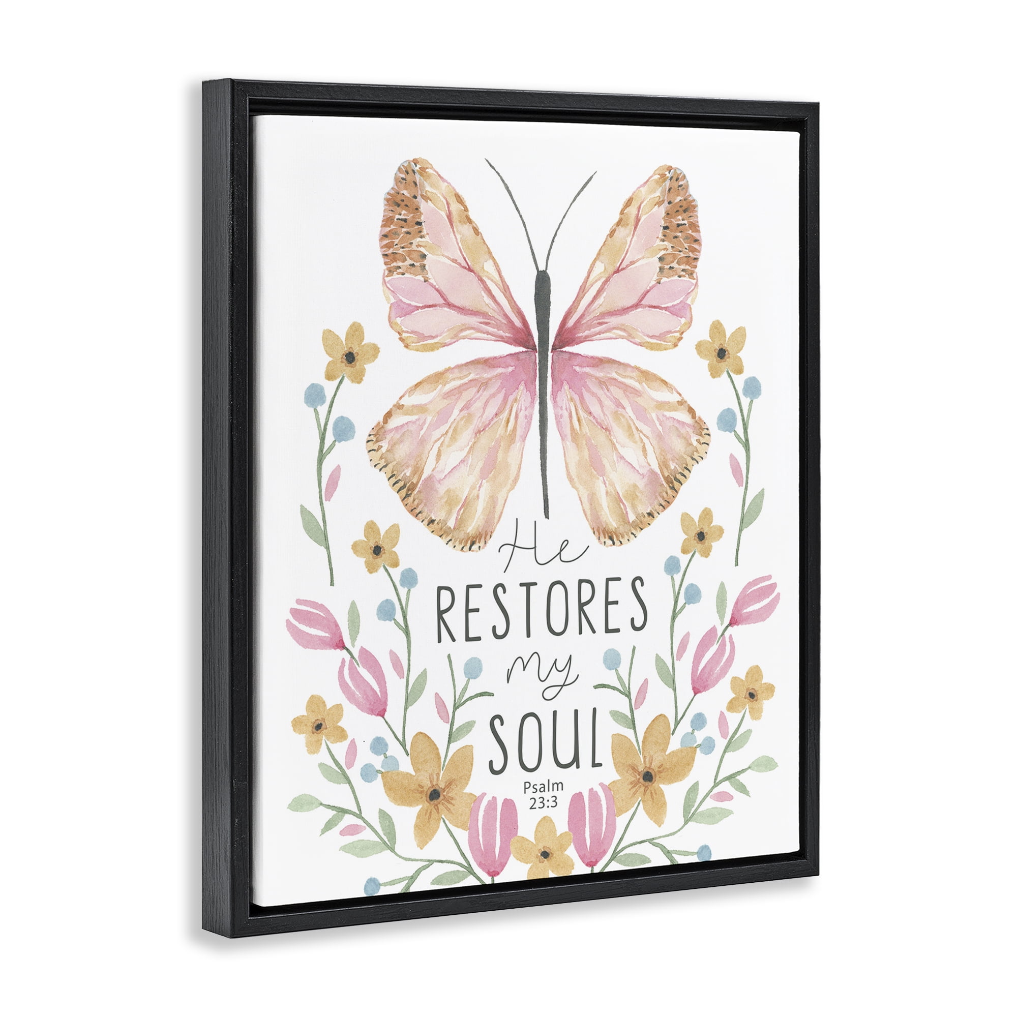 Stupell Industries Floral Restores My Soul Religious Painting Black Floater Framed Art Print Wall Art, 25 x 31