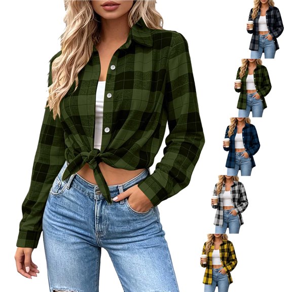 SYwaren Women's Oversized Plaid Button Down Cardigan Lapel Long Sleeve Lightweight Loose Casual Fashion Open Front Shacket Jacket Top