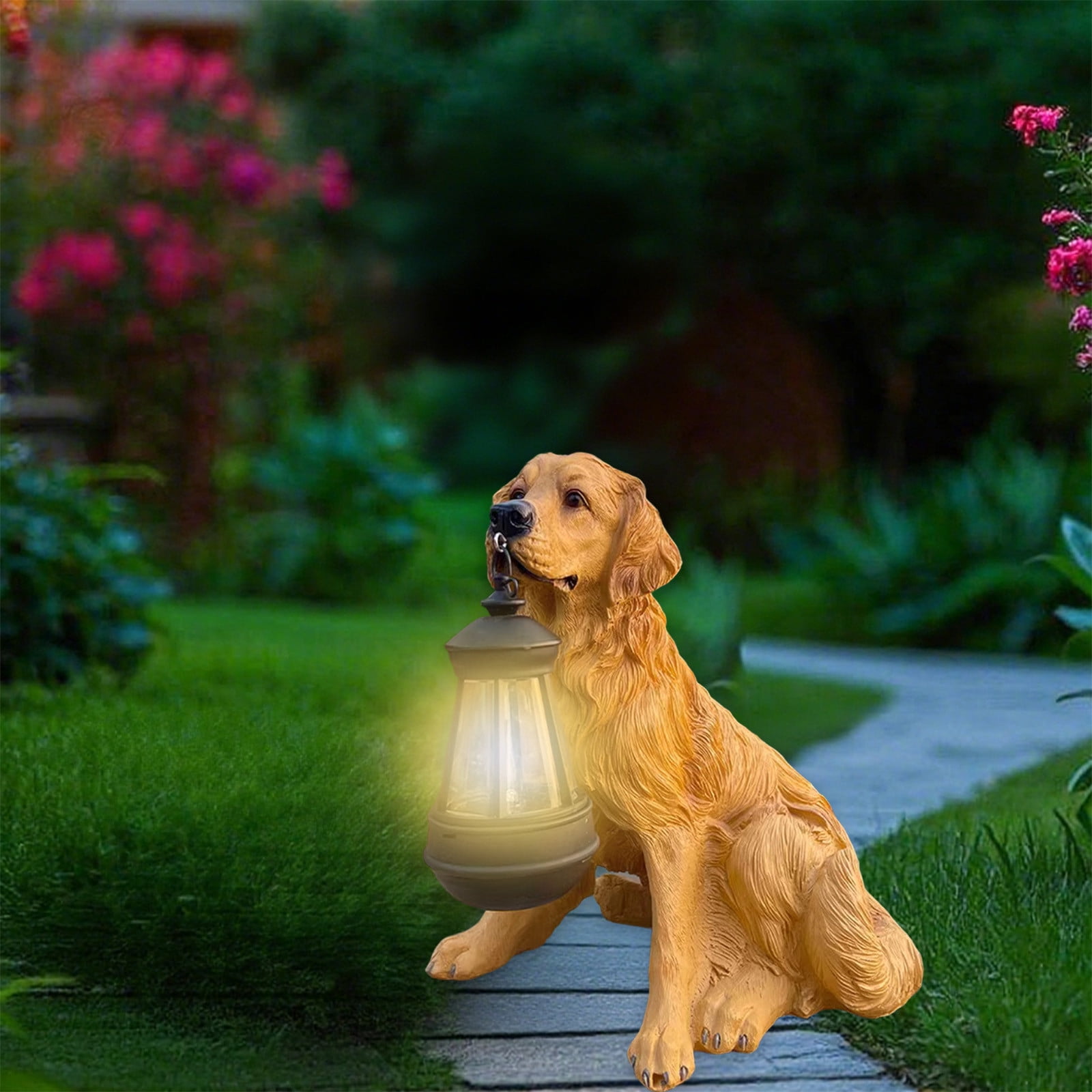 Sylchomon Solar Powered Dog Statue LED Light Outdoor Garden Decor Rechargeable Resin Yard Ornament Weatherproof Hanging Lantern Pet Design