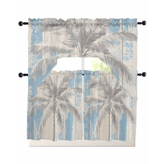 Blue Gray Palm Tree Kitchen Curtains Sets 24 Inch Length with Valance, Vintage Summer Botanical Swag Valances and Tiers Curtain Set Drapes Swag Curtains for Living Room, Bathroom, Bedroom, Cafe