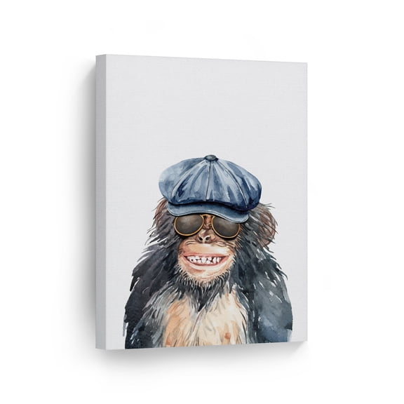 Smile Art Design Smiling Monkey with Hat and Sunglasses Portrait Animal Canvas Wall Art Print Nature Safari Tropical Exotic Wildlife Living Room Bedroom Kids Baby Nursery Decor - 40x30