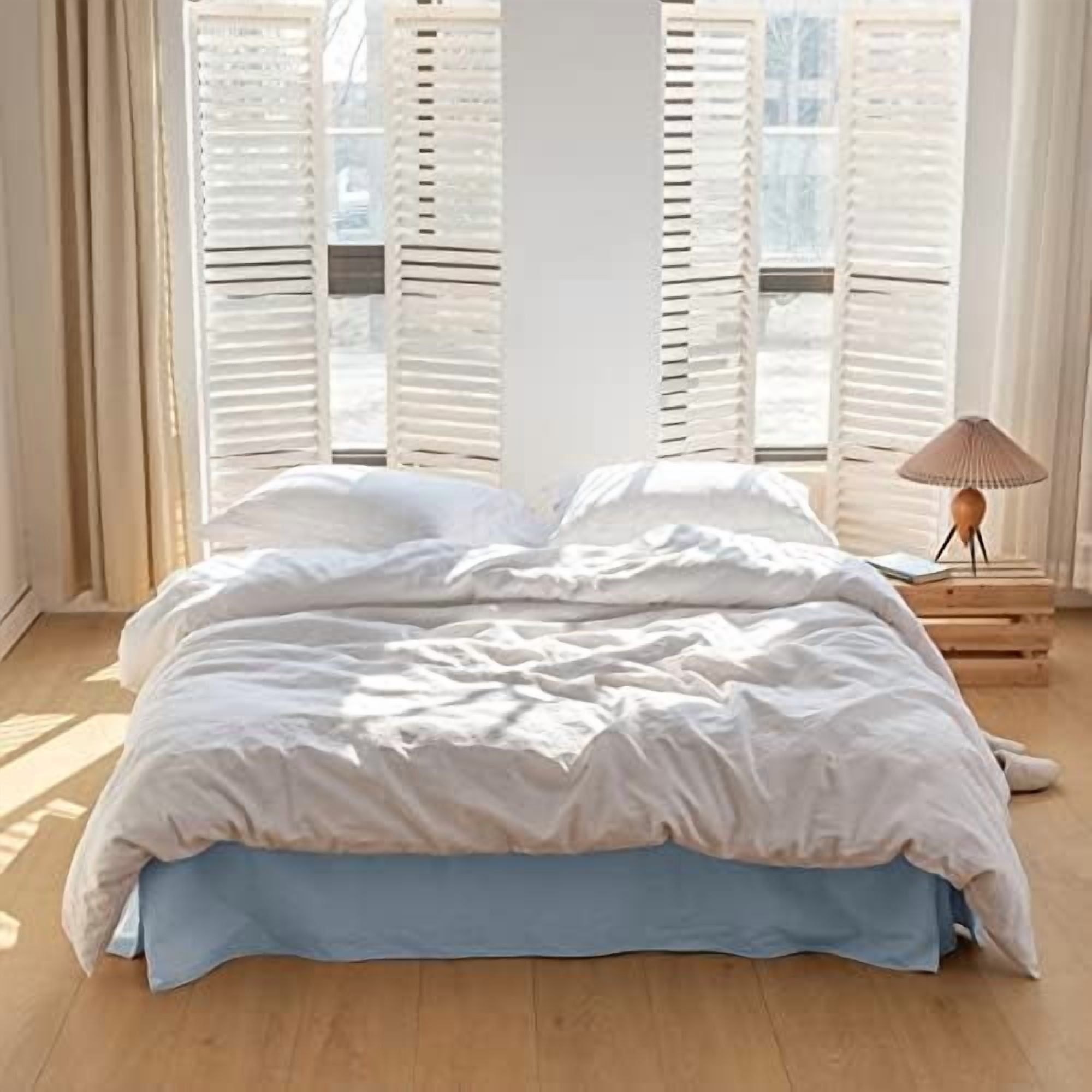French Linen Bed Skirt with Pleated Corner 14-Inch Tailored Drop Natural Flax Cotton Blend Basic Dust Ruffle Soft Cozy Farmhouse Bedding (14" King, Basic Dusty Blue)