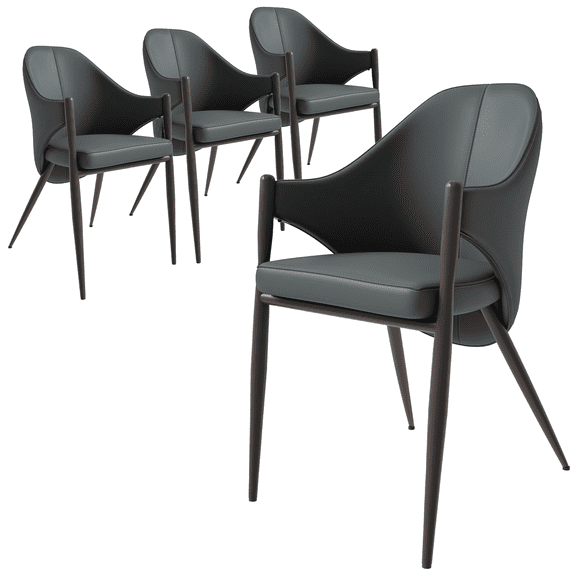 LeisureMod Upholstered Leather Dining Chair, Modern Accent Armchair Ergonomic Kitchen Chairs Iron Legs Foam Filled Seat for Kitchen and Dining Room Sante Collection Set of 4 in Grey