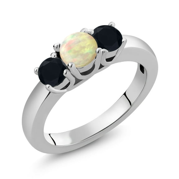 Gem Stone King 0.74 Ct Round Cabochon White Ethiopian Opal Black Onyx 925 Sterling Silver Ring (Size 9)