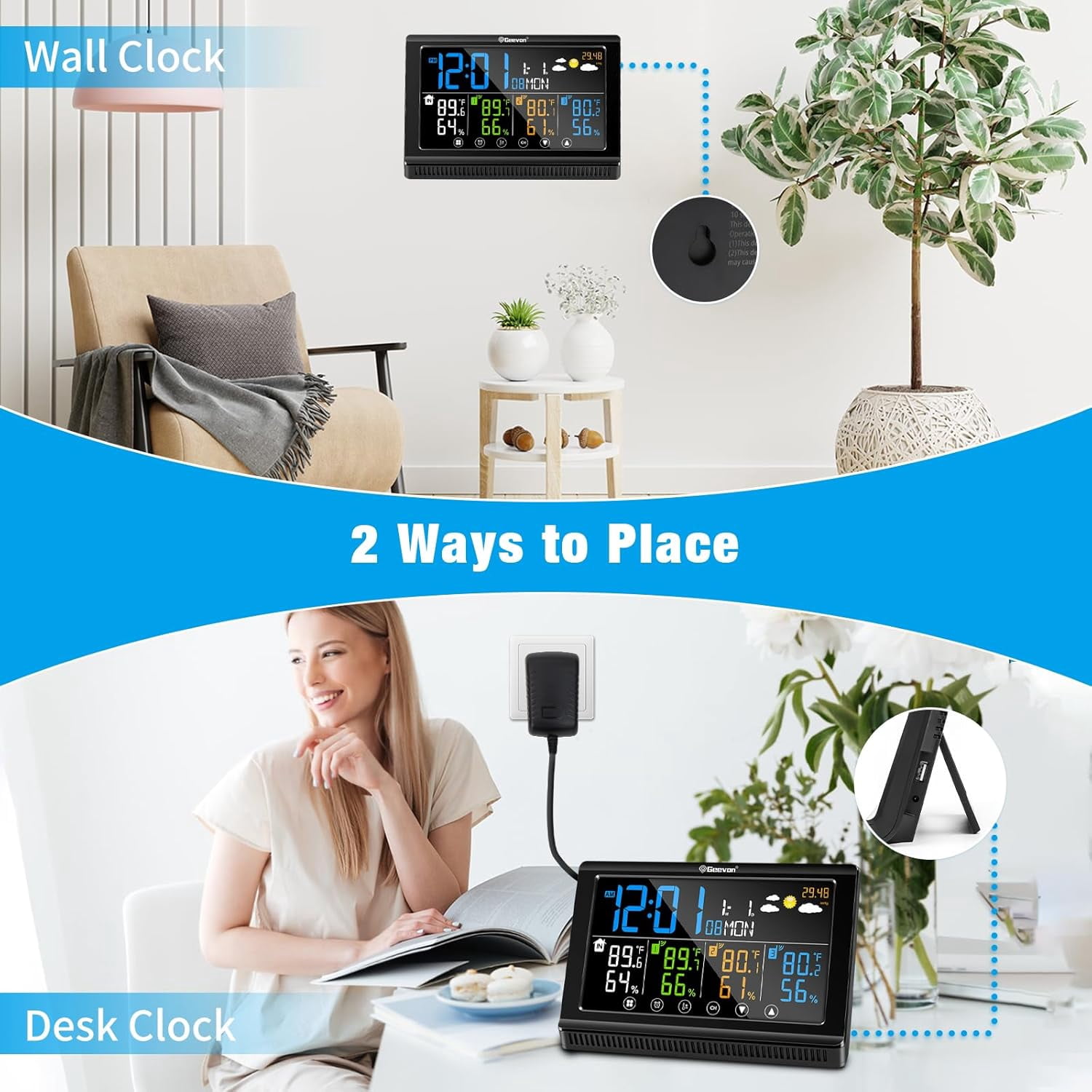 Weather Station Wireless Indoor Outdoor Thermometer 3 Sensors, Color Display Digital Temperature Humidity Monitor with Barometer, Calendar, USB Charge and Adjustable Backlight