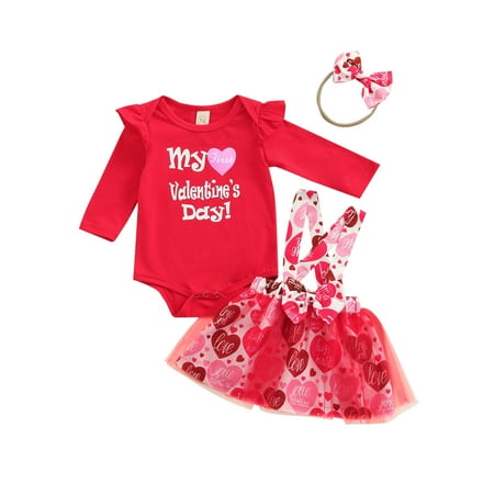 

Mialoley Baby Girls Valentines Day Outfits Long Sleeve Romper + Heart Print Skirt + Head Rope
