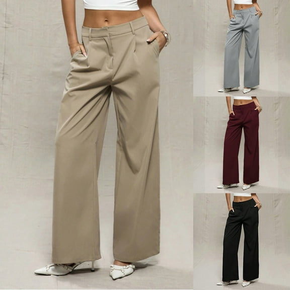 Nmnitkp Women's Business Straight Leg Dress Pants Elastic Waist Zipper Closure Work Trousers with Pockets Khaki,L