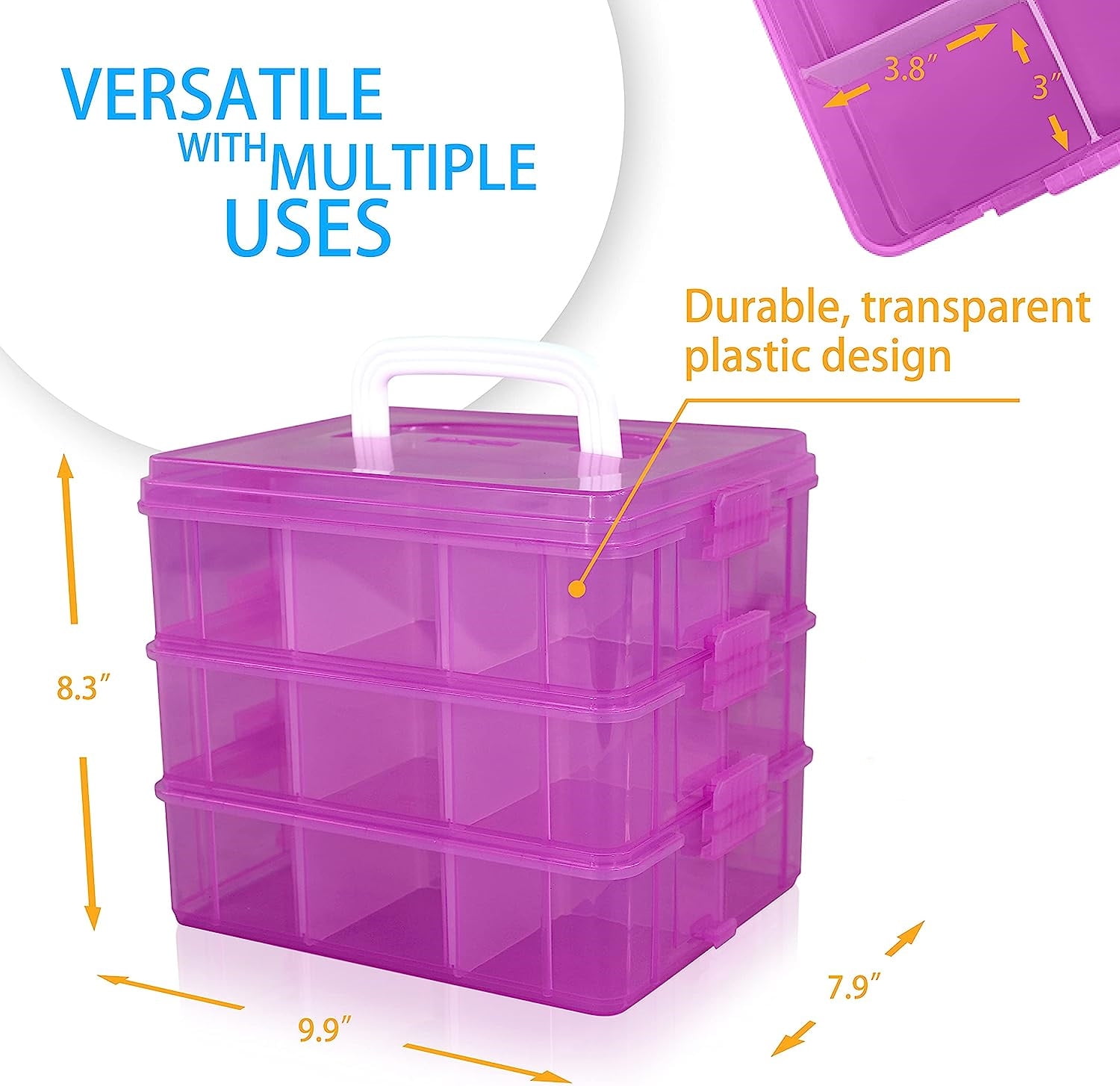 Duslogis Stackable Toys Organizer Storage Case Compatible with 18 Adjustable Compartments - 3-Tier Portable Adjustable Box w/Carrying Handle, Pink