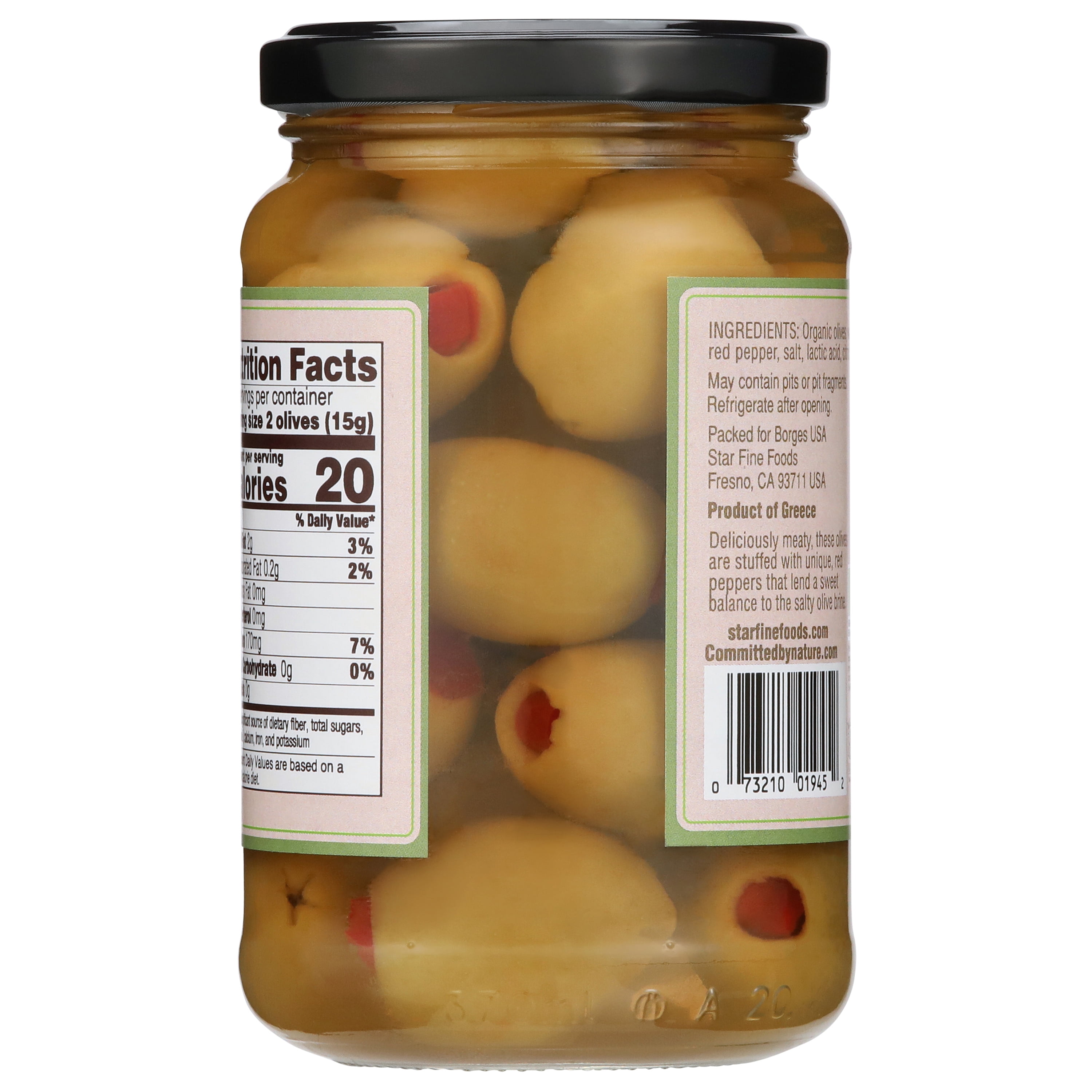 STAR Queen Organic Green Olives with Pimento, 6.7oz Glass Jar - Kosher & USDA Organic
