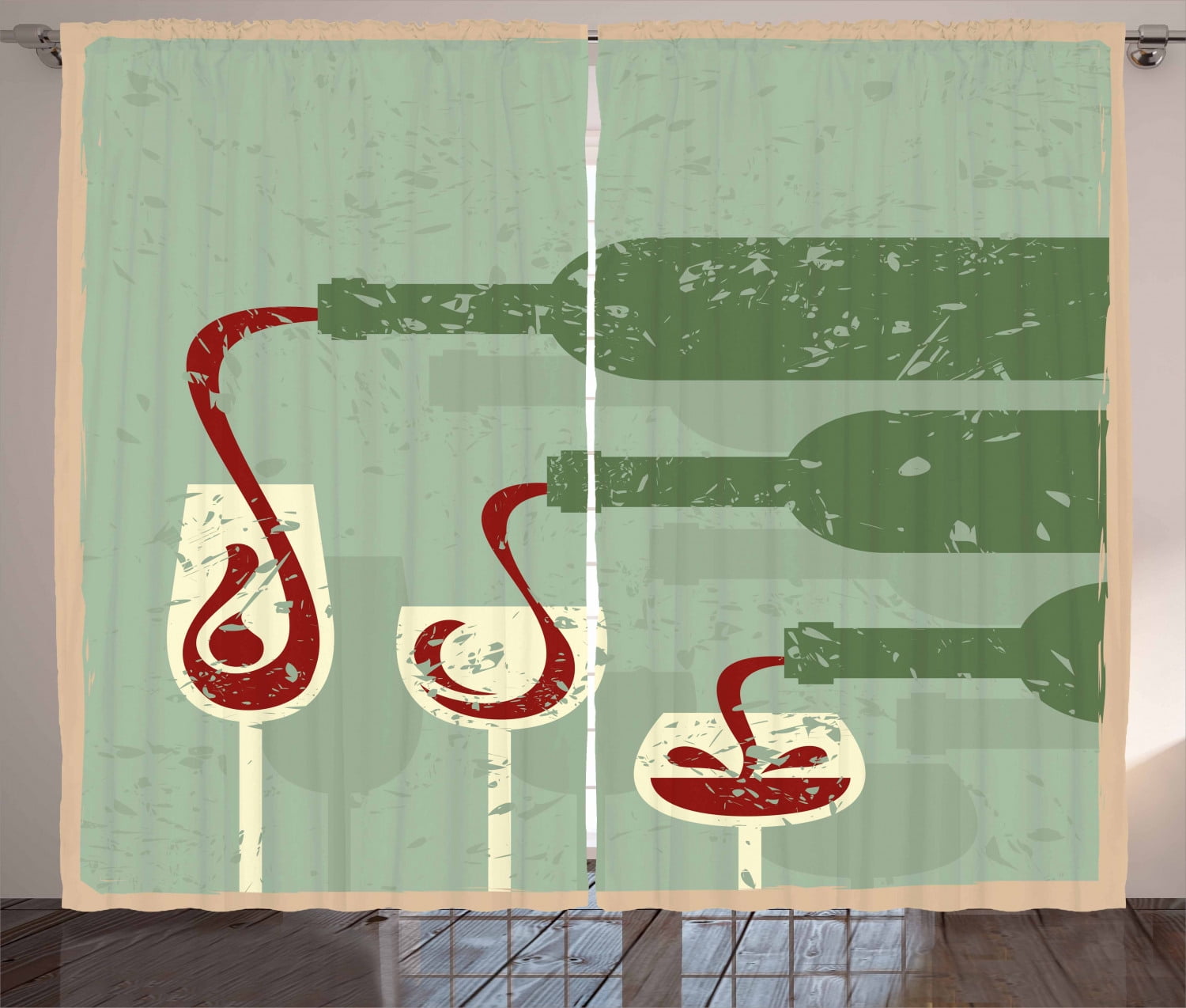 Wine Curtains 2 Panels Set, Grungy Aged Display with Wine Pouring into