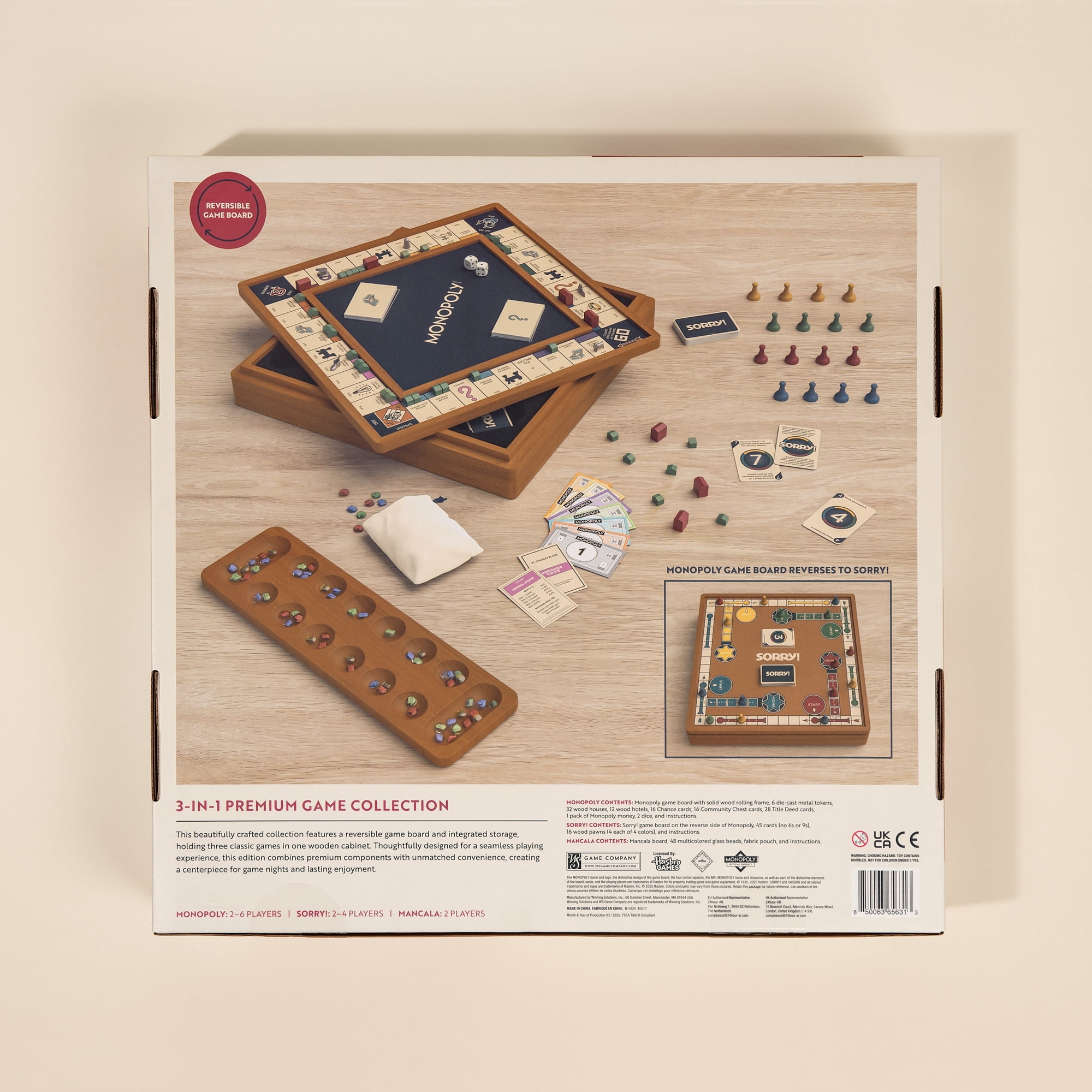 WS Game Company 3-in-1 Premium Game Collection: Monopoly, Sorry!, and Mancala with Solid Wood Cabinet