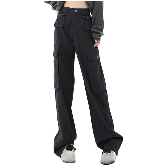 Kmdttou Cargo Pants for Women Plus Size Flap High Waisted Work Pants Multi-Pockets Versatile Straight Leg Pants Trousers