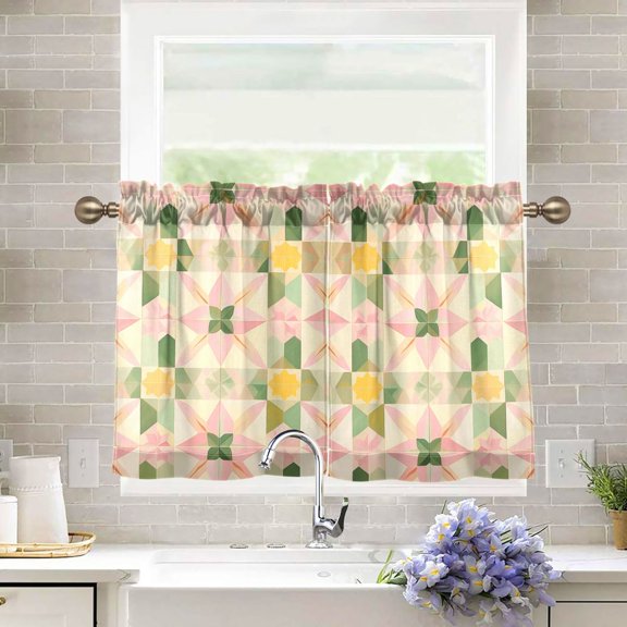 Yayeee Kitchen Curtains Tier Pair Light Filtering 27"x36" Rod Pocket Short Cafe Window Panel, Retro Pink Stars