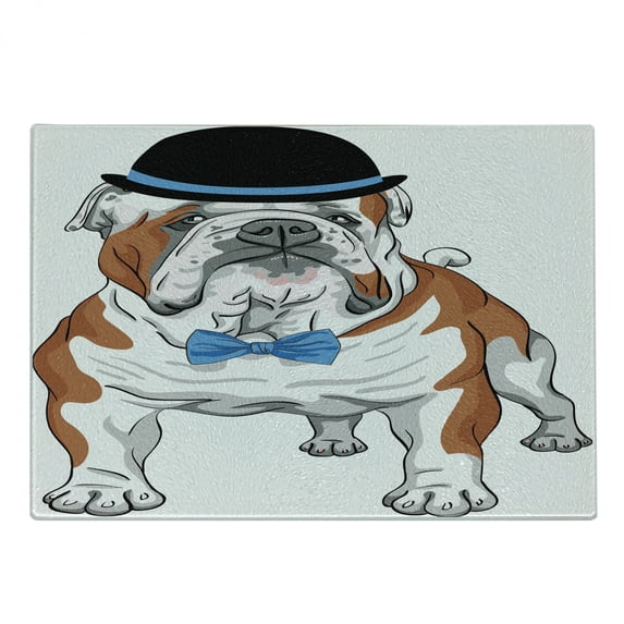 English Bulldog Cutting Board, Pure Breed Hipster Dog with Vintage Hat and Bow Tie Sketch Animal, Decorative Tempered Glass Cutting and Serving Board, Small Size, Brown Black Blue, by Ambesonne
