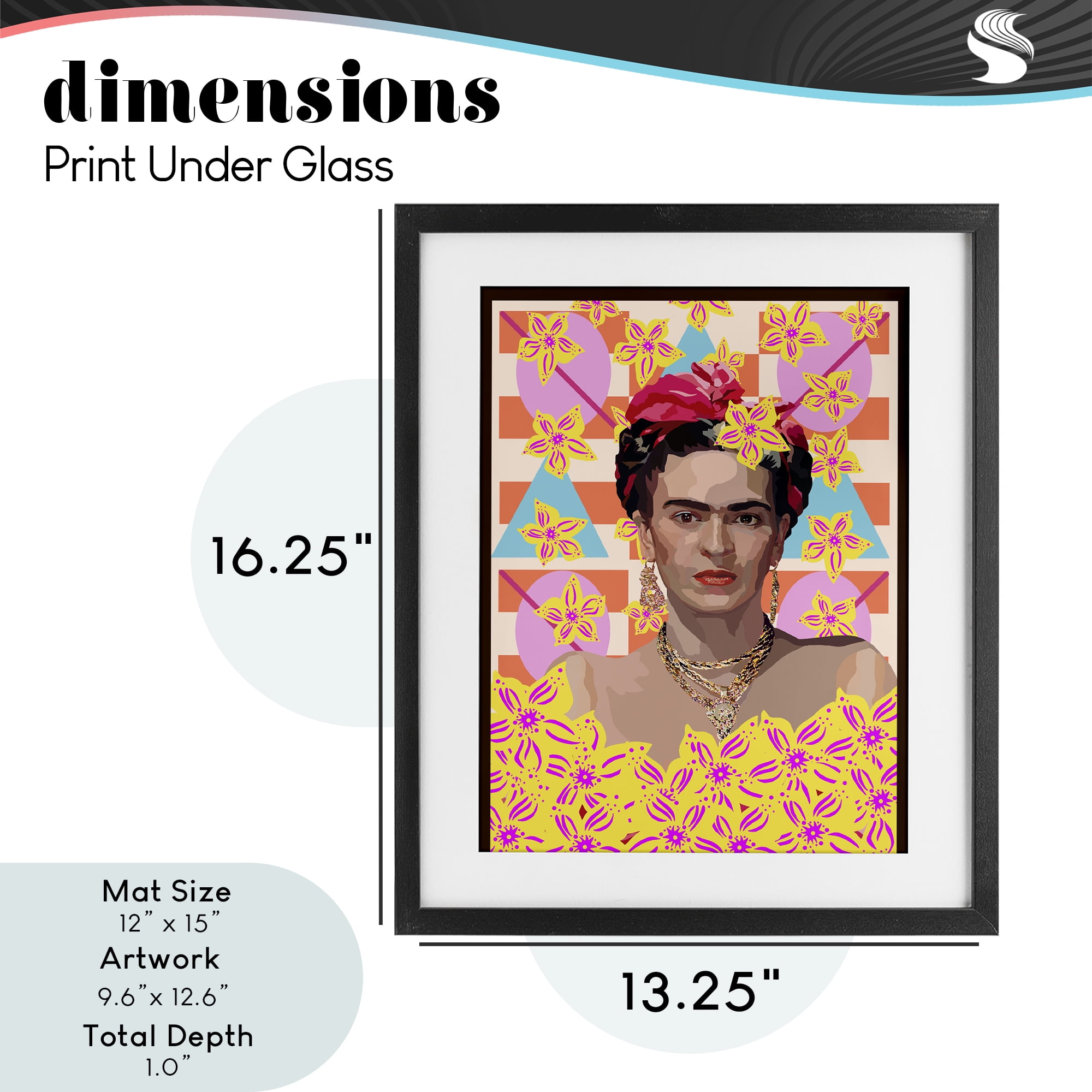 Frida's Floral Journey Black Framed Print Under Glass, design by Lynnda Rakos
