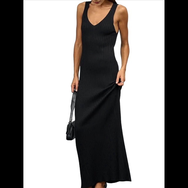 Vestido Midi de Punto con Cuello en V para Mujer, Informal, Sin Mangas, Ajustado, de Canalé, para Verano y 2025. Negro M