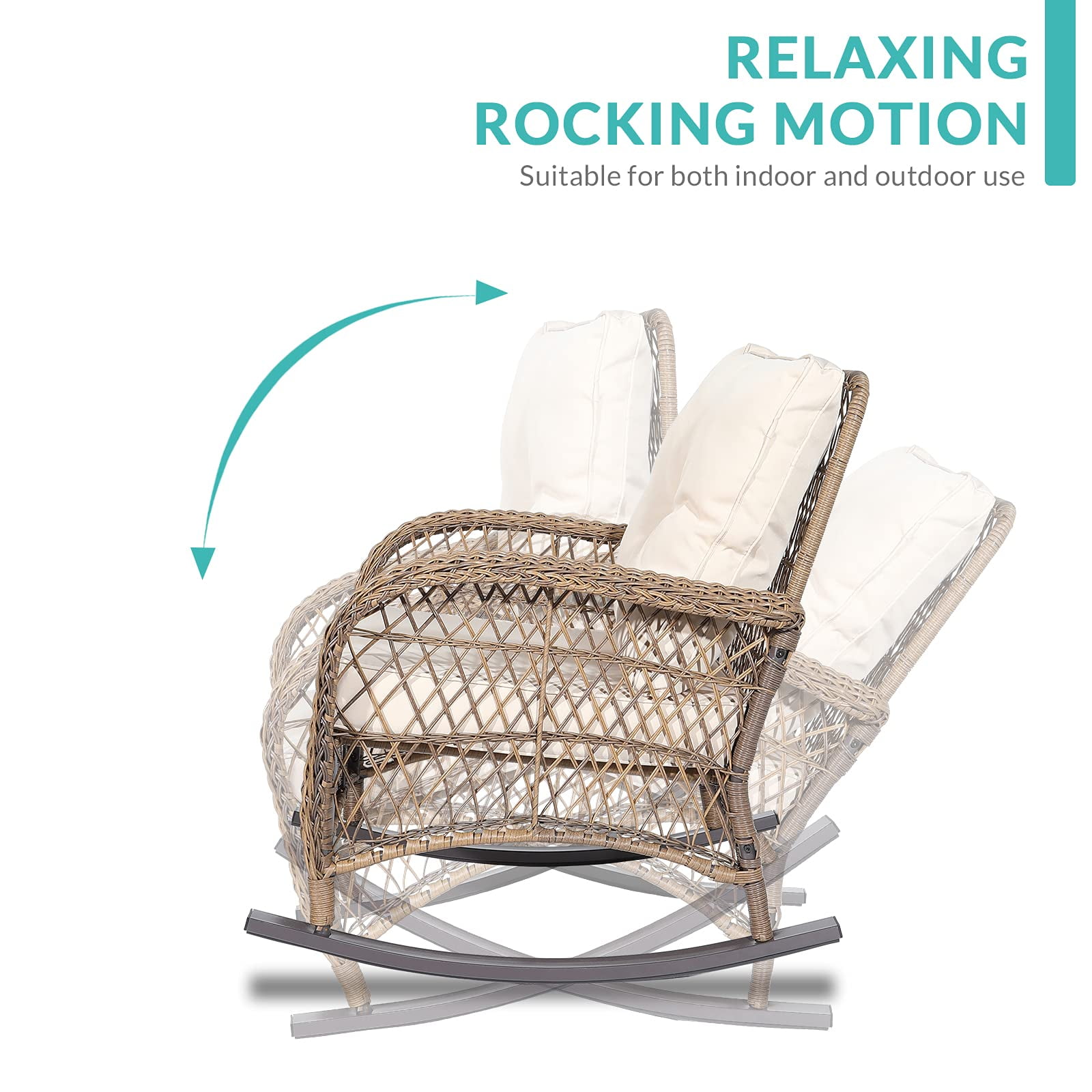 MEETWARM 7 Pieces Outdoor Patio Rattan Furniture Sets, All Weather Patio Wicker Conversation Set- 2 Rocking Chairs, 2 Swivel Chairs, 1 Loveseat Glider with Cushions, 2 Glass-Top Coffee Table, Beige