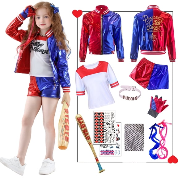 Forfamy Quinn Costume Cosplay Joker Coat Gloves T-Shirt Necklace Wig Inflatable Baseball Halloween Fancy Dress Costumes