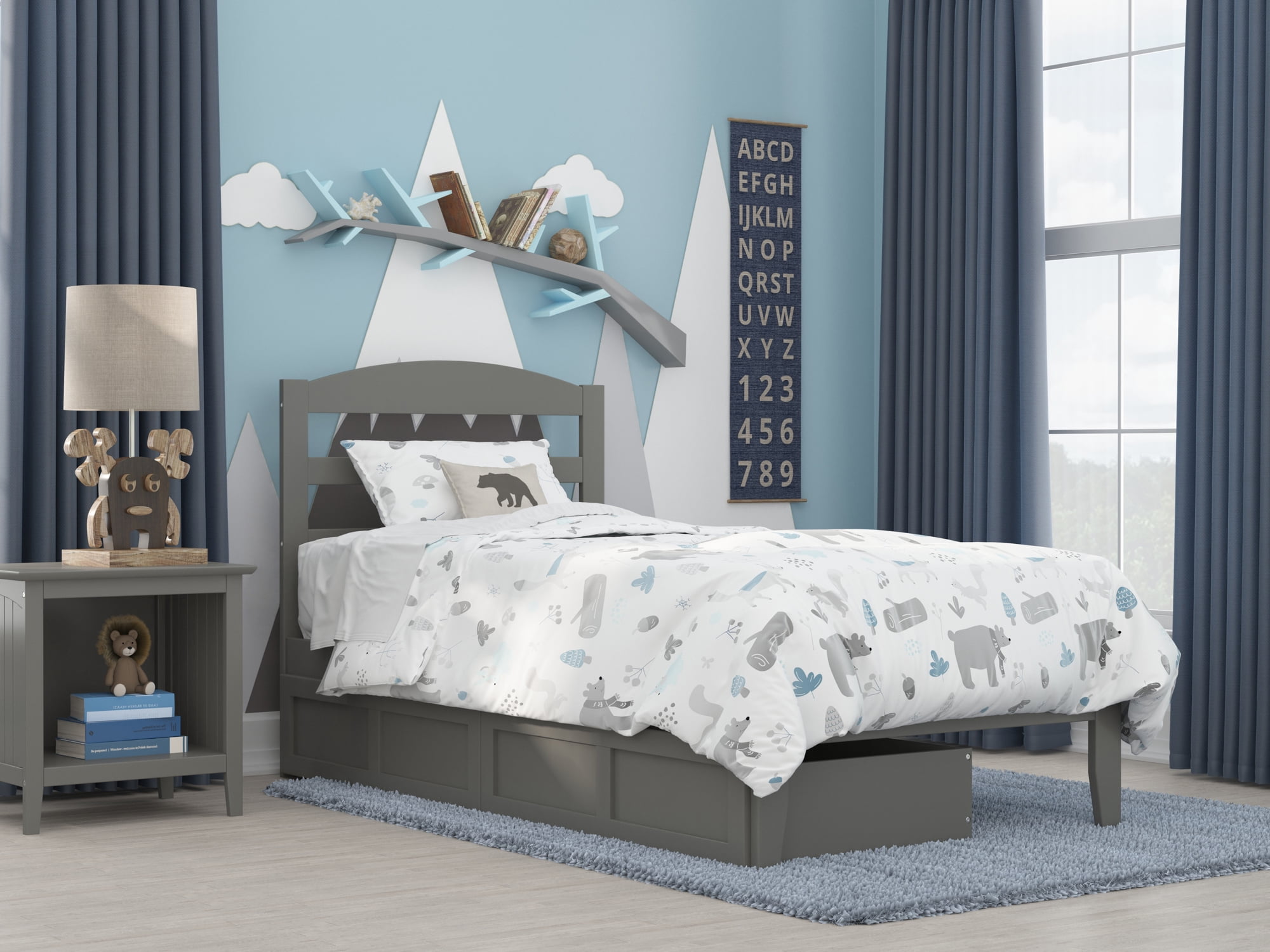 AFI Warren 14" Twin Wood Platform Bed Frame with Set of 2 Storage Drawers, Grey