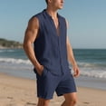 thumbnail image 4 of Makaor Linen Sets for Men 2 Piece Summer Loose Lounge Set Big and Tall Solid Color Matching Sets Vacation Outfits Sleeveless Button down Shirts Drawstring Shorts Trendy Travel Clothes, 4 of 8