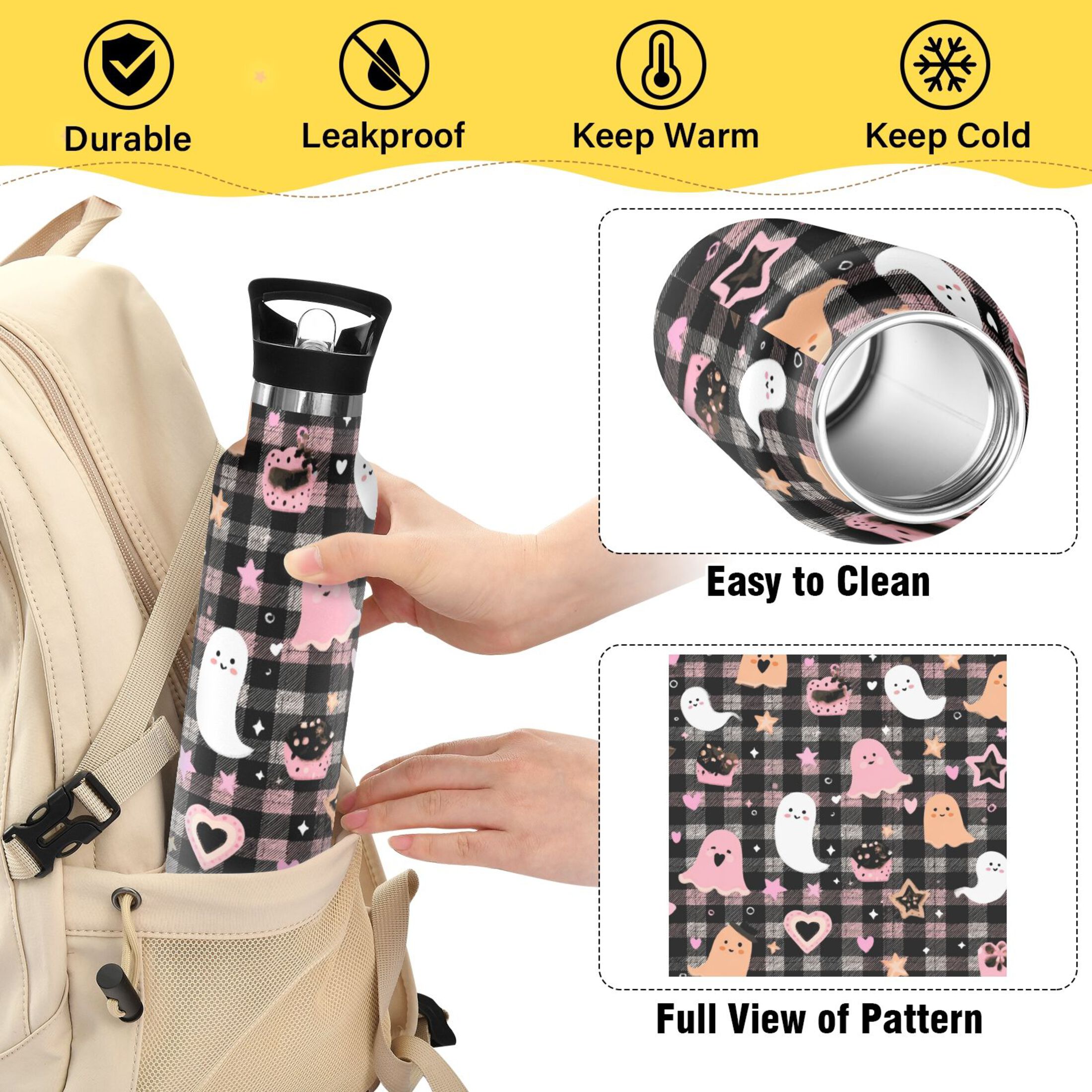Kids Insulated Stainless Steel Sports Water Bottle 600ml (20oz) Cute Pastel Ghost Pattern