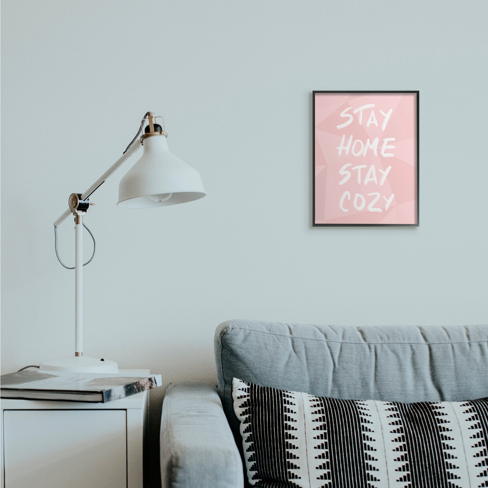Stupell Industries Stay Home Stay Cozy Geometric Pink Pattern Black Framed by Anna Quach