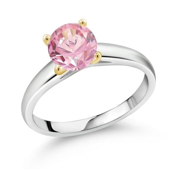 Gem Stone King 1.28 Ct 7mm Round Pink Zirconia 10K White and Yellow Gold Ring Ring (Size 7)