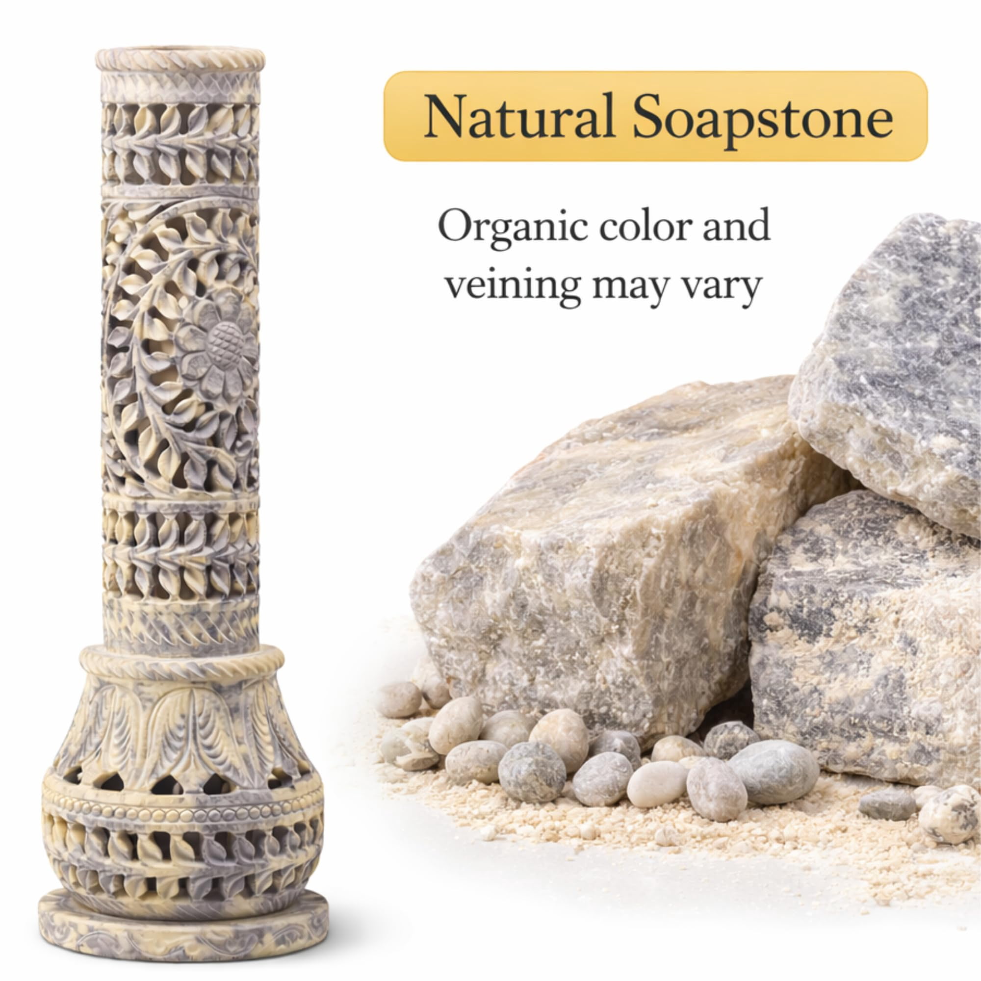 Marble Soapstone Incense Stick Holder | Candle Burner Tea Light Stand - Handmade Bottle Tower. Decorative Floral Carving For Gifting Home And Office Decor (3x3x10.5 Inches)