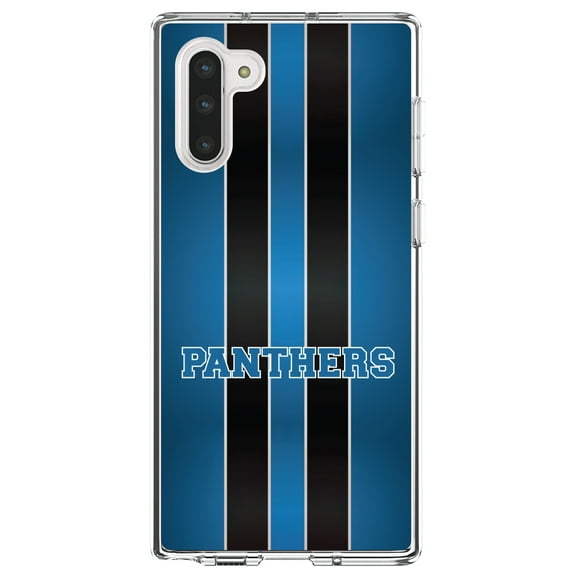 DistinctInk Clear Shockproof Hybrid Case for Samsung Galaxy Note 10 (6.3" Screen) - TPU Bumper, Acrylic Back, Tempered Glass Screen Protector - Blue Black Panthers - Football Team
