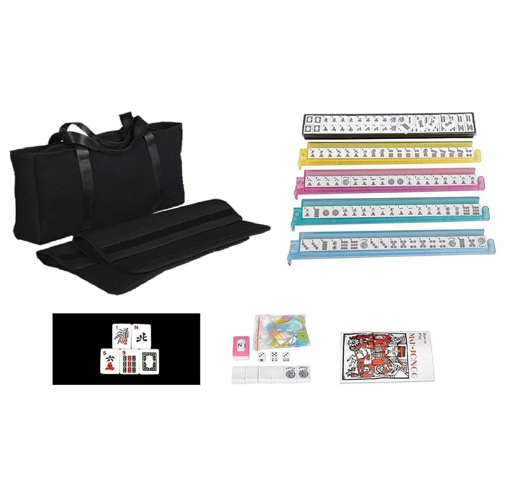 American Mahjong Set - Black Soft Bag - 166 White Engraved Tiles, 4 All-in-One Rack/Pushers Western Mah Jongg Game Set
