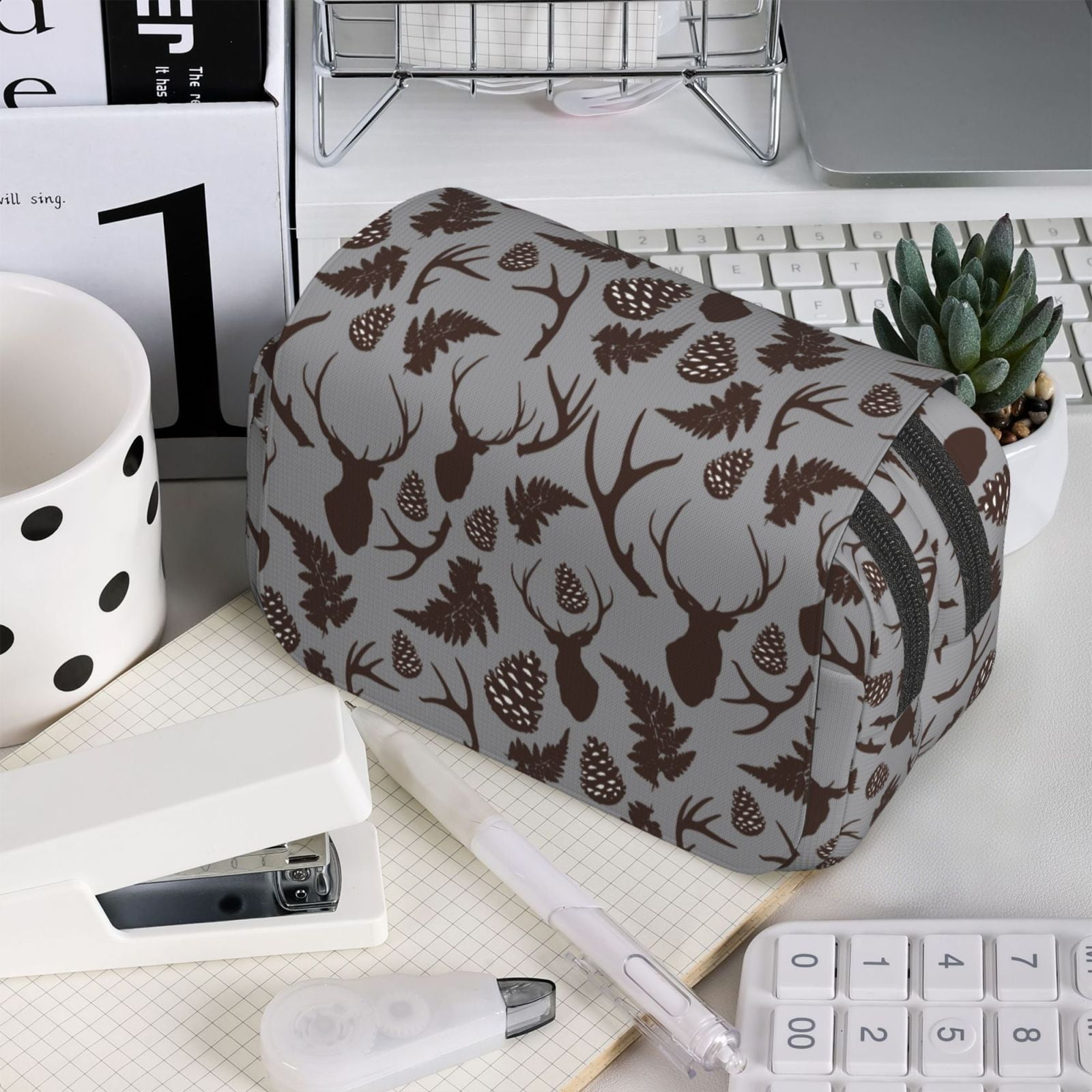 Rateoe Brown Moose with Pinecones Pattern Double Clamshell Pen Case, Storage Organizer with Two Zipper Compartments– Holds Up to 50 Pencils & Pens