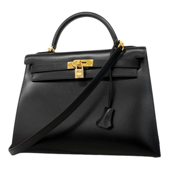 Pre-Owned Hermes Kelly 32 Handbag, Box Calf Leather, Black, F Stamp, 2-way Bag, Women's,...